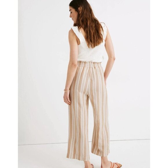 Madewell Smocked Huston Pull-On Crop Pants Stripe Large Wide Leg Linen Blend - Picture 2 of 8